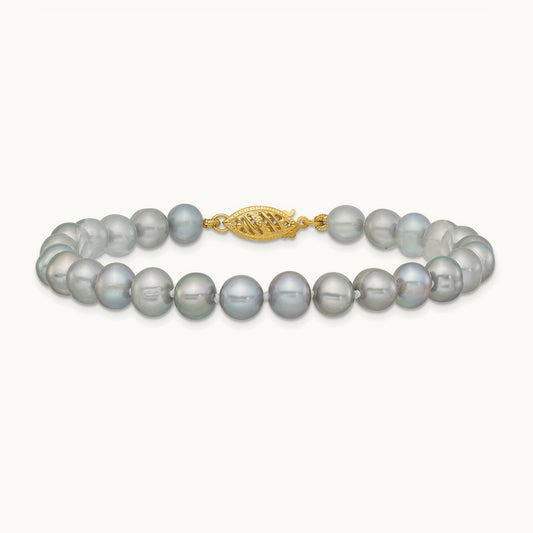 6- Near Round Grey Freshwater Cultured Pearl Bracelet, 7mm, 14K