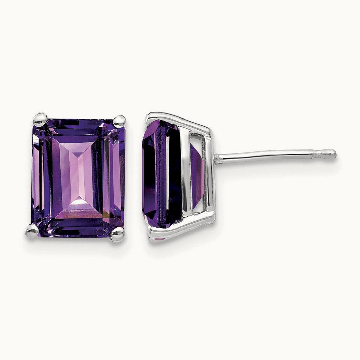 9x7mm Emerald Cut Amethyst Earrings, 14K White Gold