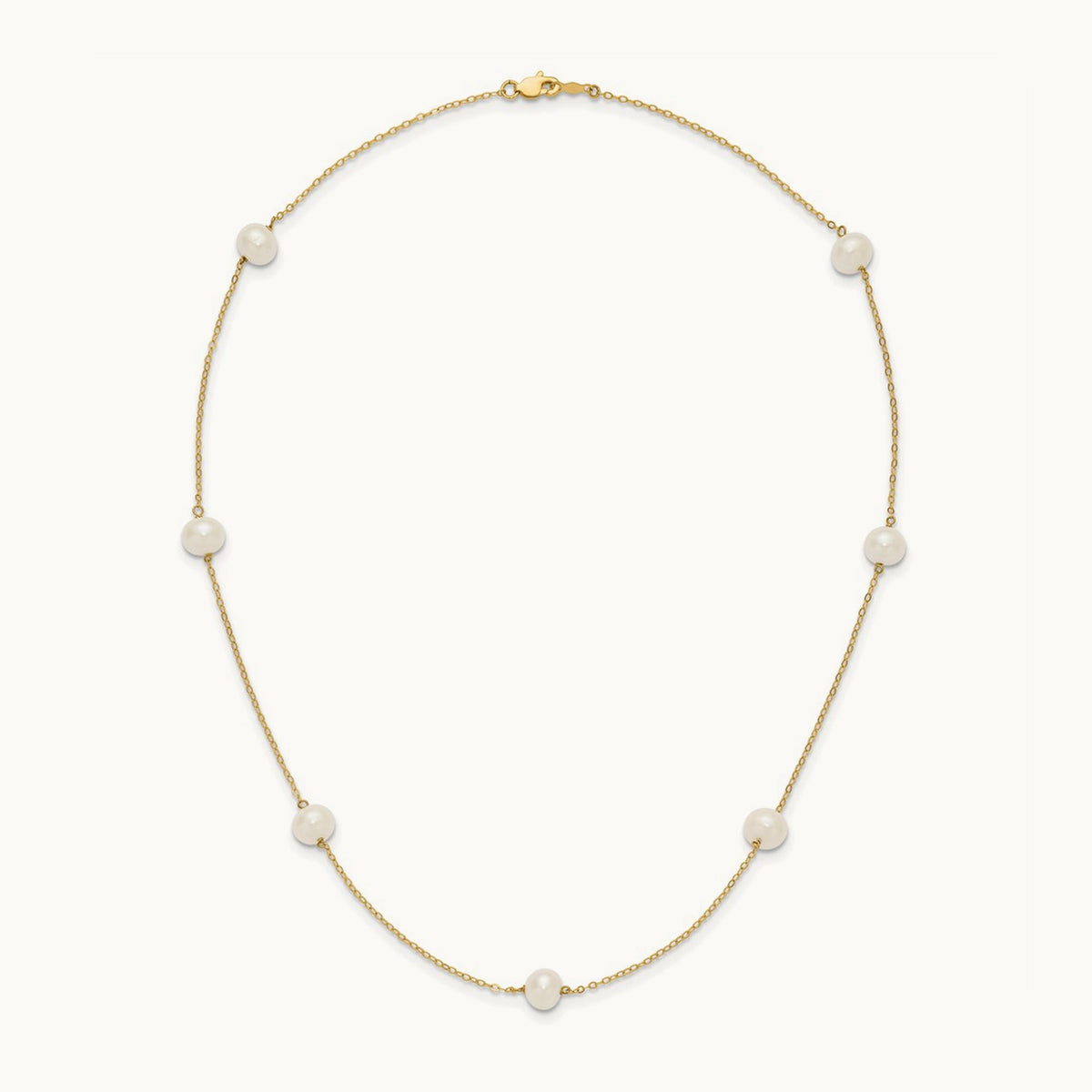 7- White Near Round Freshwater Cultured Pearl 7-Station Necklace, 14K