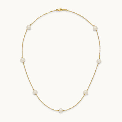 7- White Near Round Freshwater Cultured Pearl 7-Station Necklace, 14K