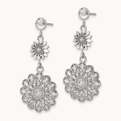 D/C Sunflower Style Double Drop Earrings, 14K White Gold