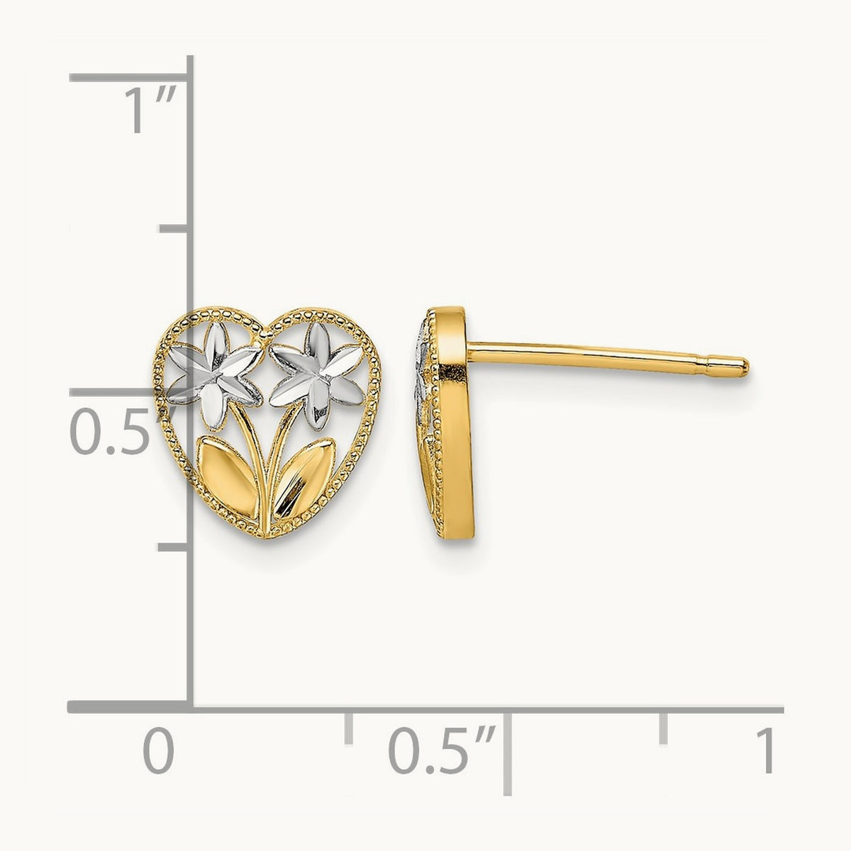 w/ Rhodium D/C Flower and Heart Post Earrings, 14K