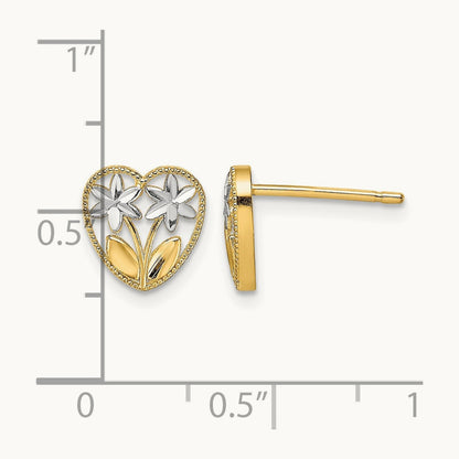 w/ Rhodium D/C Flower and Heart Post Earrings, 14K