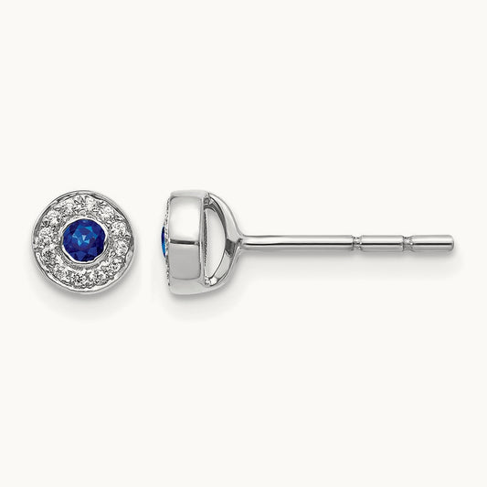 Diamond and Sapphire Halo Post Earrings — 14K White Gold