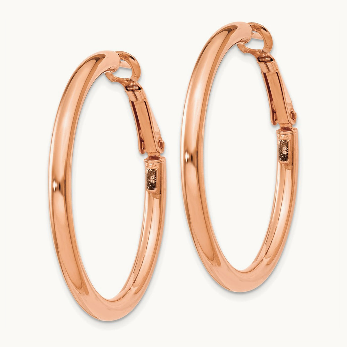 Polished Round Omega Back Hoop Earrings — 14K Rose Gold, 3x36mm