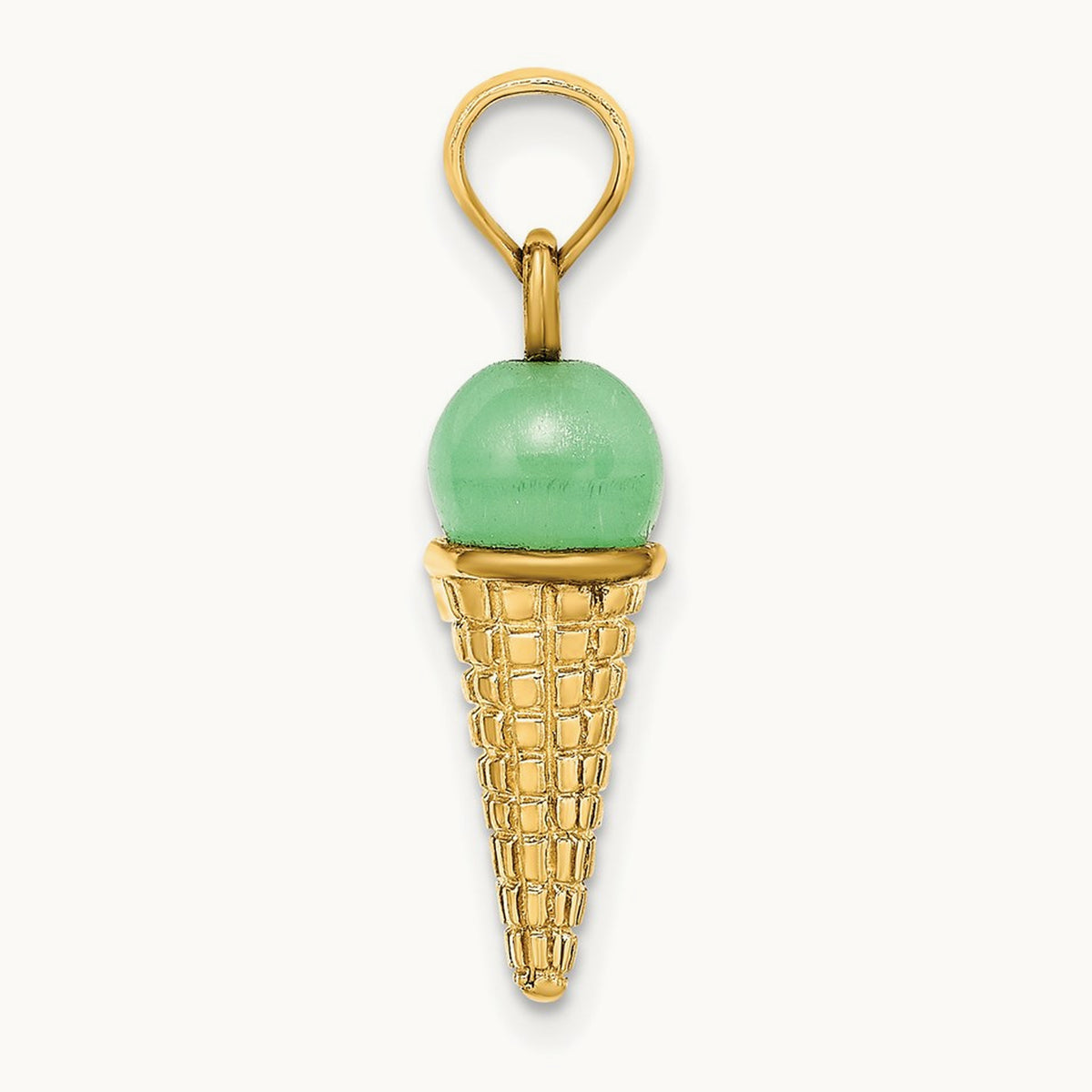 Satin Polished 3D Green Bead Ice Cream Cone Pendant, 14K