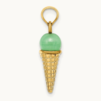 Satin Polished 3D Green Bead Ice Cream Cone Pendant, 14K