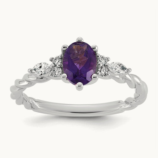 Polished Diamond and Amethyst Twisted Ring — 14K White Gold