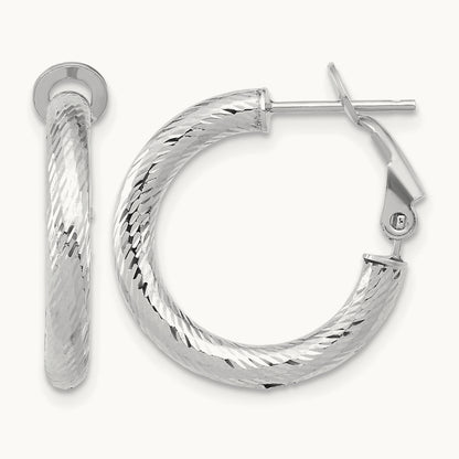 3x15 w/ White Rhod Plating D/C Round Omega Back Hoop Earrings, 14K — Leslie's