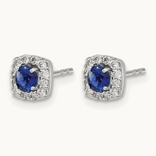 Diamond and Sapphire Square Halo Earrings, 14K White Gold