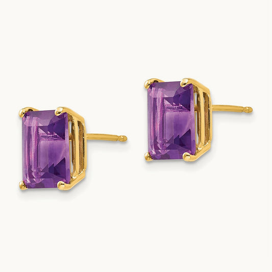 9x7mm Emerald Cut Amethyst Earrings, 14K