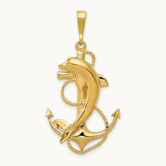 Solid Polished Anchor with Dolphin Pendant, 14K