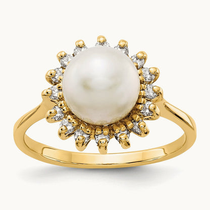 FW Cultured Pearl AA Diamond ring, 7.5mm, 14K