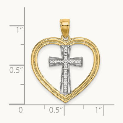 & White Rhodium Heart W/White Cross In Center Charm, 14K