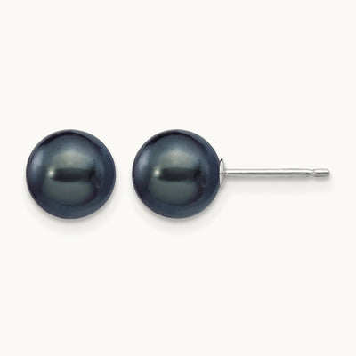 7- Black Round FW Cultured Pearl Stud Post Earrings, 8mm, 14K White Gold