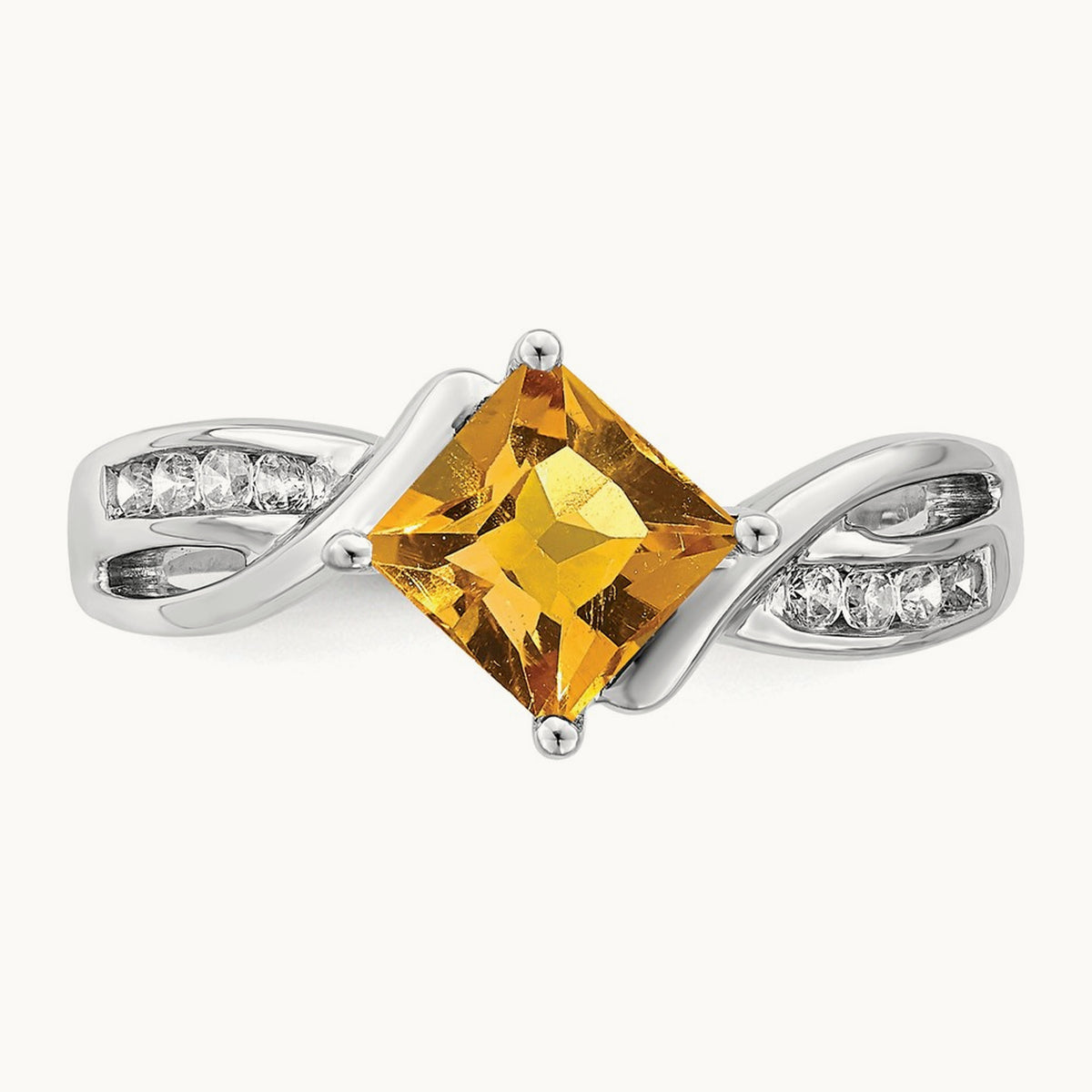 Square Citrine and Diamond Ring, 14K White Gold