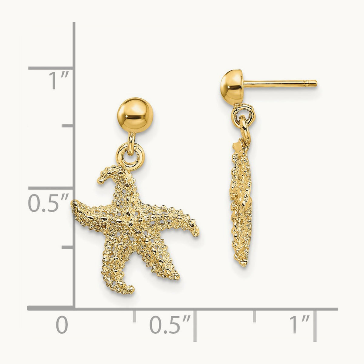 3D Starfish Post Dangle Earrings, 14K