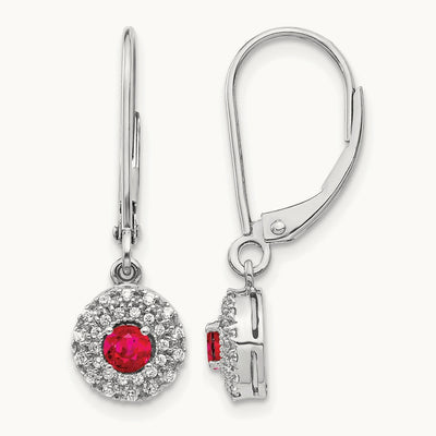 Diamond Halo Ruby Leverback Dangle Earrings, 14K White Gold