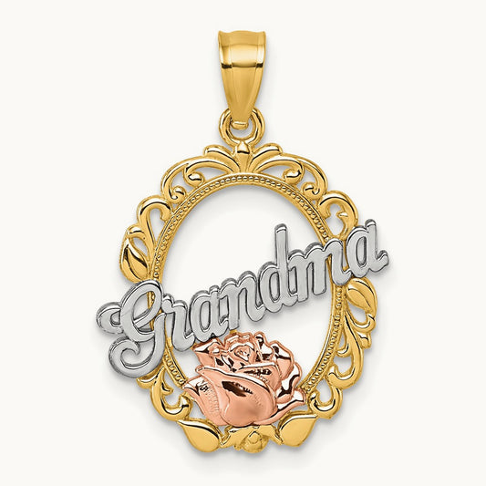 & White Rhodium Polished Grandma Rose Oval Pendant, 14K Two-tone