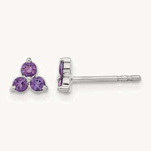3-stone Amethyst Triangle Earrings, 14K White Gold