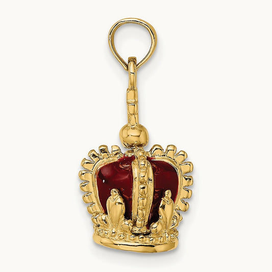 3-D w/ Red Enamel Inside Crown w/ Cross On top Charm, 14K