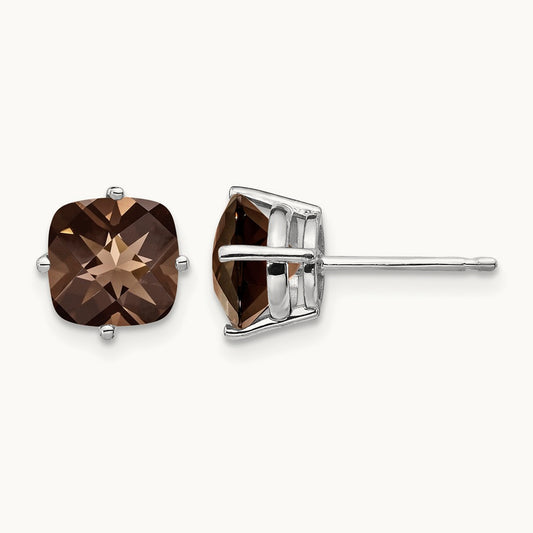 Cushion Smoky Quartz Earring, 7mm, 14K White Gold