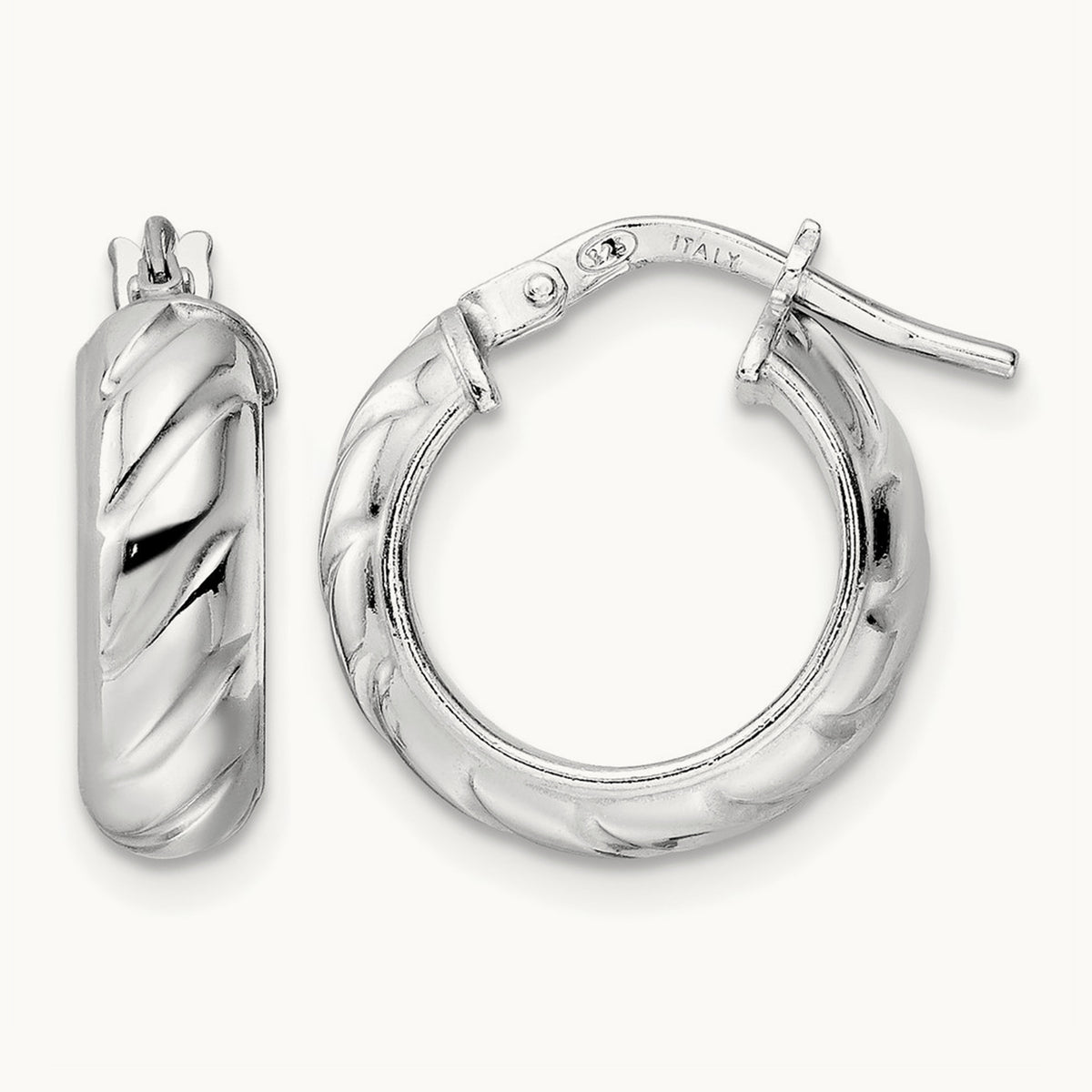 Rhod-plated Polished Textured Hoop Earrings — 17mm
