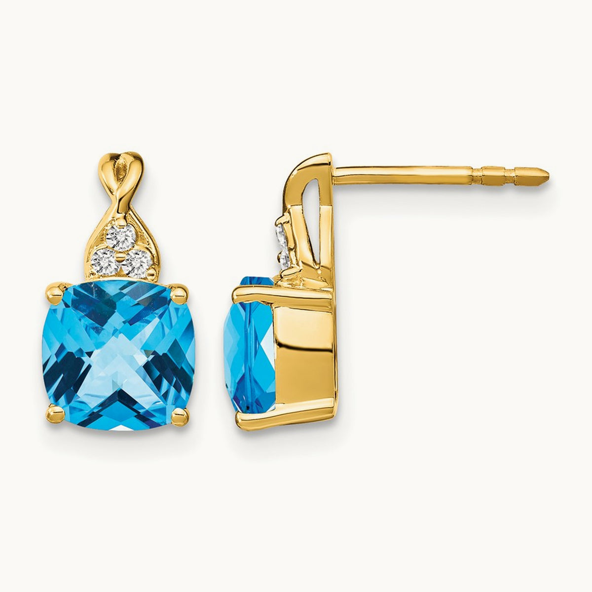 Checkerboard Blue Topaz and Diamond Earrings — 14K Yellow Gold