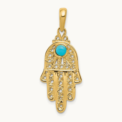 Turquoise Filigree Chamseh Pendant — 14K Yellow Gold