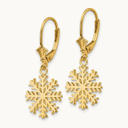 Snowflake Leverback Earrings — 14K Yellow Gold