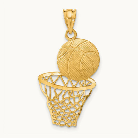 Satin Diamond-Cut Basketball and Net Pendant, 14K
