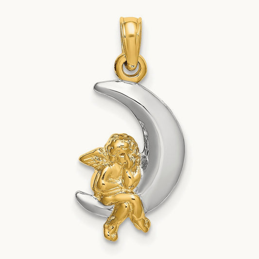 w/Rhodium 3-D Angel on Moon Charm, 14K