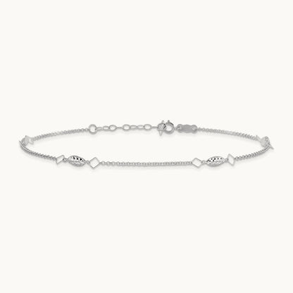 Diamond-cut Puffed Beads 9in Plus1in Ext Anklet, 14K White Gold