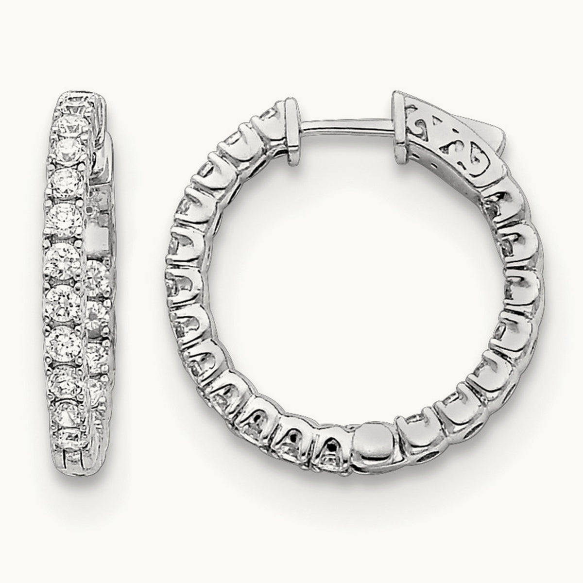 Diamond Round Hoop w/Safety Clasp Earrings, 14K White Gold