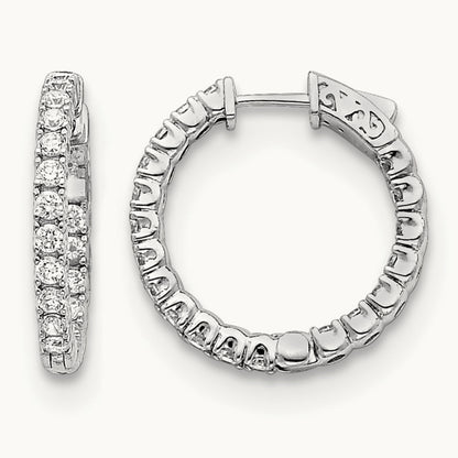Diamond Round Hoop w/Safety Clasp Earrings, 14K White Gold