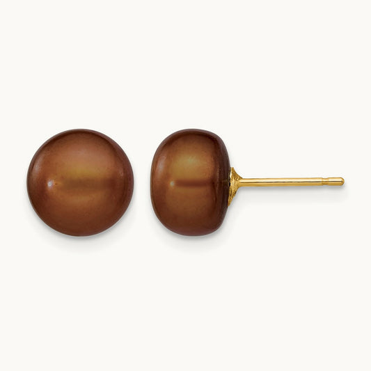 8- Brown Button Freshwater Cultured Pearl Stud Post Earrings, 9mm, 14K