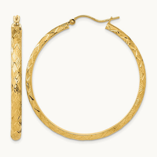 Polished and Textured Fancy Diamond Cut Hoop Earrings, 14K