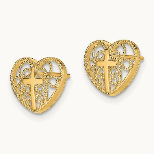 Heart w/Cross Post Earrings, 14K