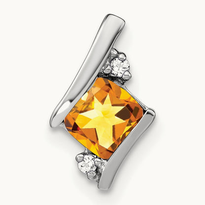 Cushion Citrine and Diamond Chain Slide, 14K White Gold