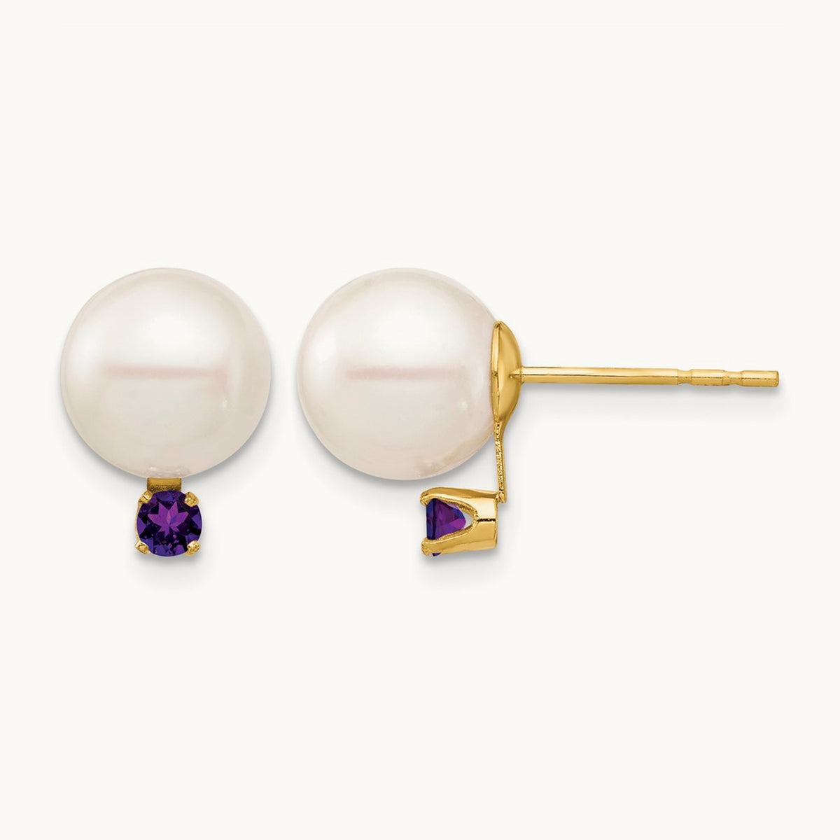 8- White Round Freshwater Cultured Pearl Amethyst Post Earrings, 8.5mm, 14K