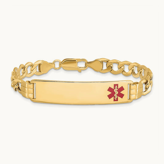 Semi-solid Medical Red Enamel Curb Link ID Bracelet, 14K