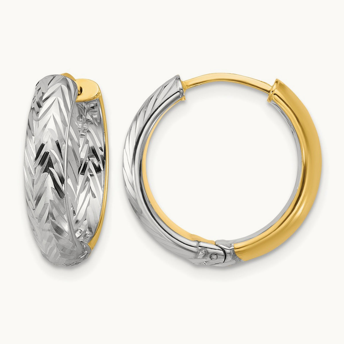 w/Rhodium Polished/Dia-cut Hinged Hoop Earrings, 14K — Leslie's