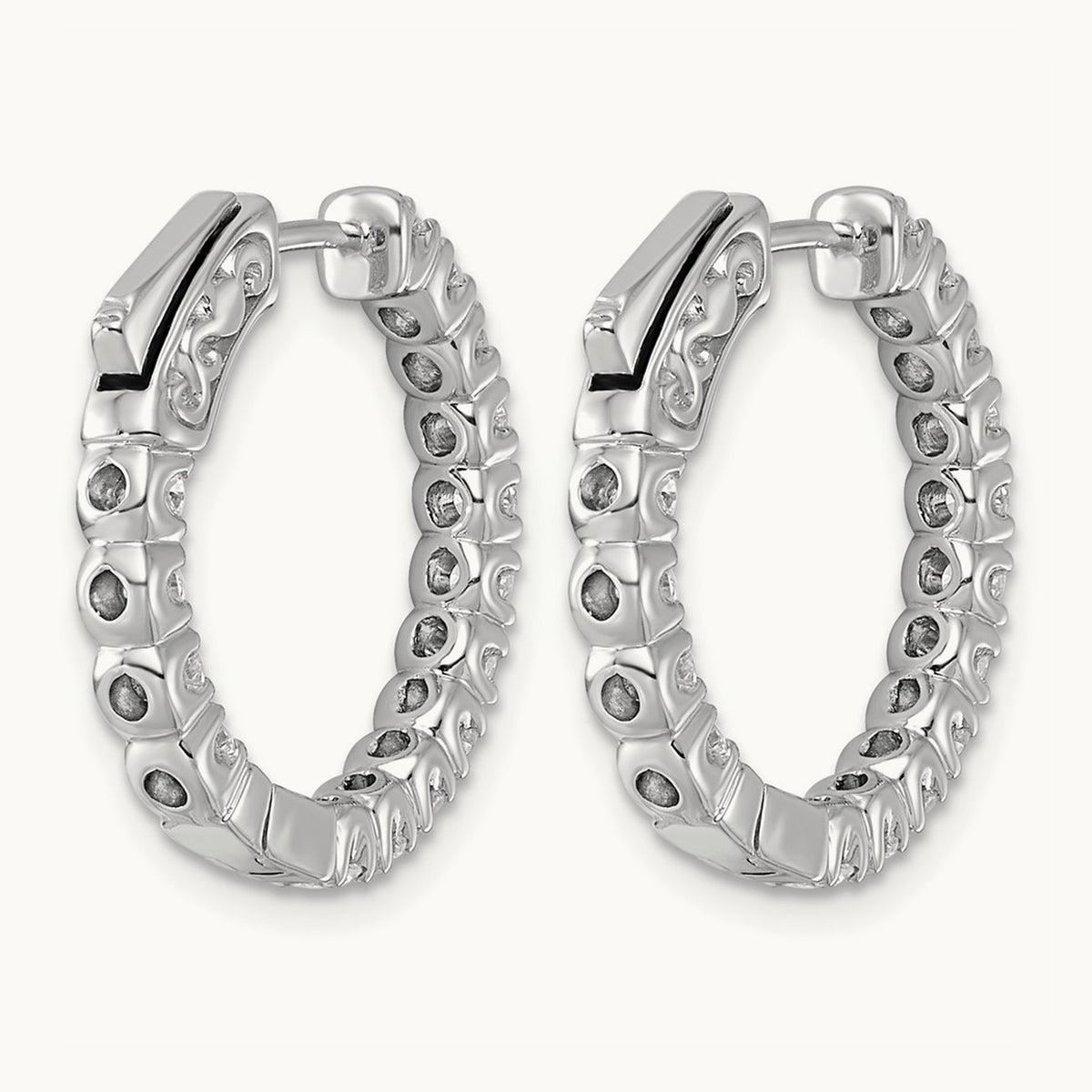 Diamond Round Hoop w/Safety Clasp Earrings, 14K White Gold