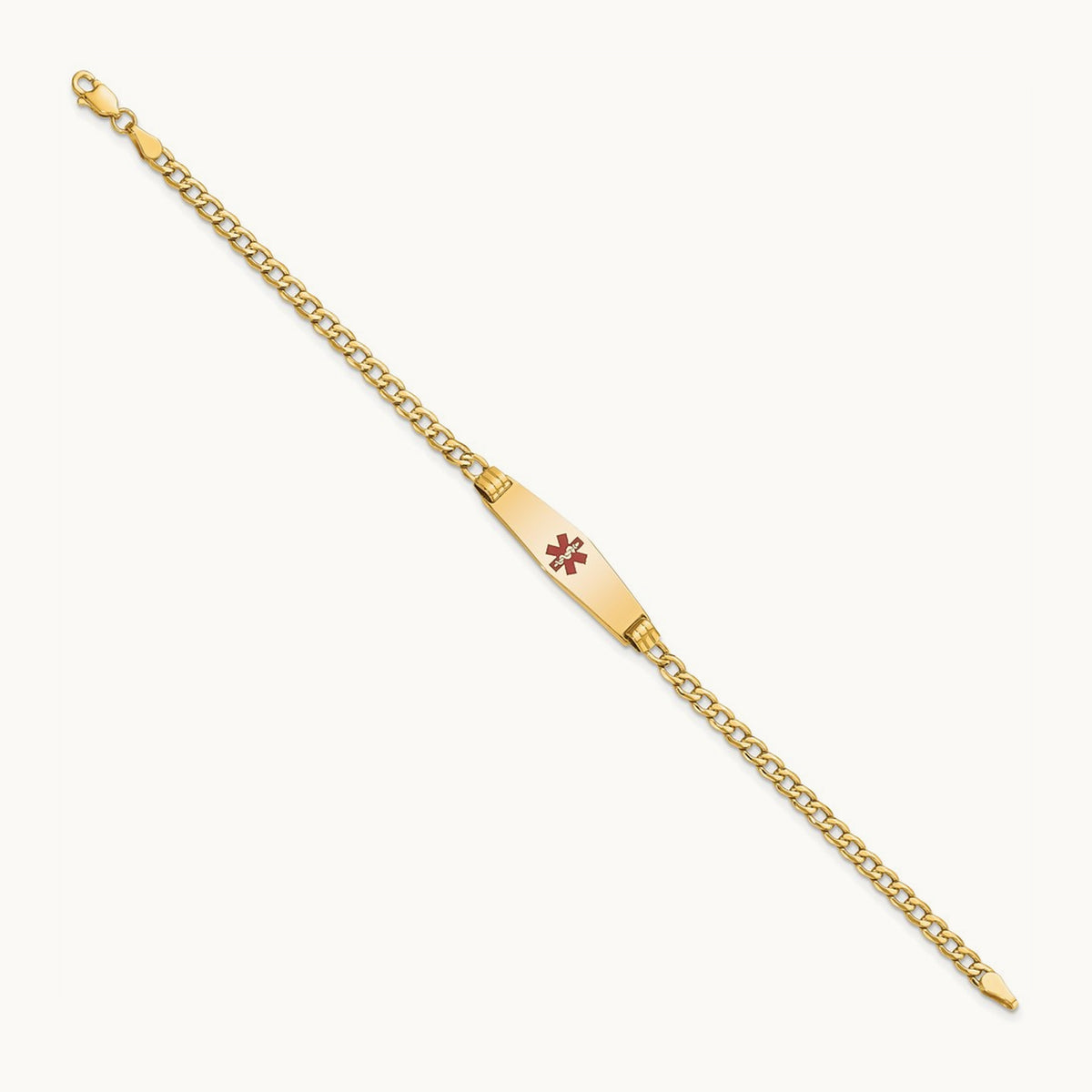 Medical Semi-Solid Soft Diamond Shape Red Enamel Cuban ID Bracelet, 14K
