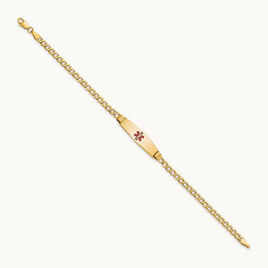 Medical Semi-Solid Soft Diamond Shape Red Enamel Cuban ID Bracelet, 14K