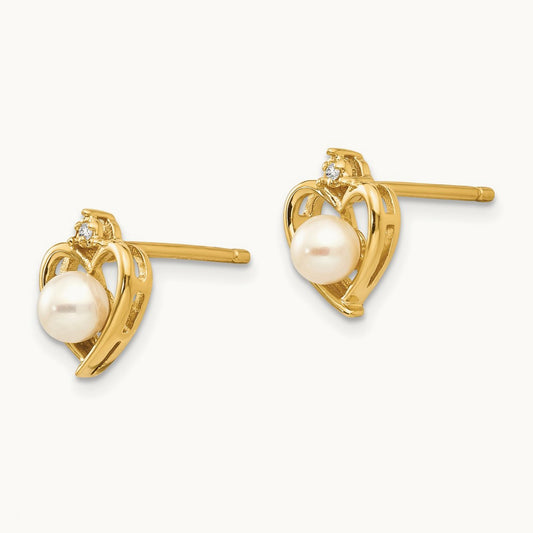 FW Cultured Pearl and Diamond Heart Earrings, 14K