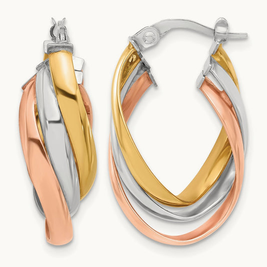 w/ White Rhod & Rose Gold-plating Polished Twist Hoop Earrings, 14K — Leslie's