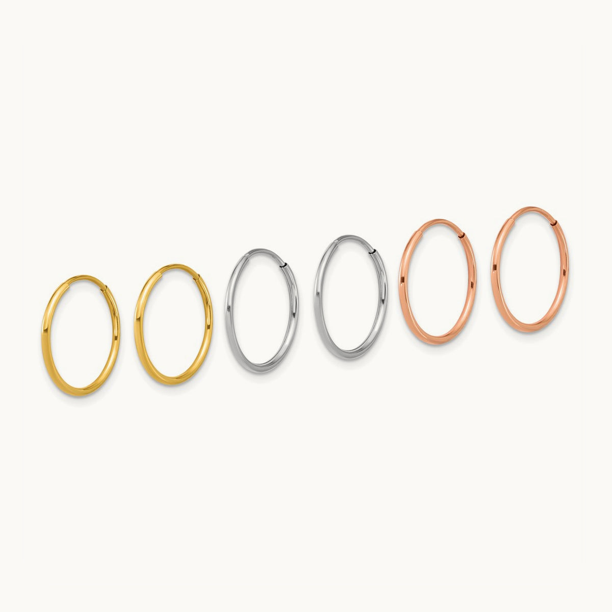 YG/WG/RG Endless Hoop Earring Set, 14K