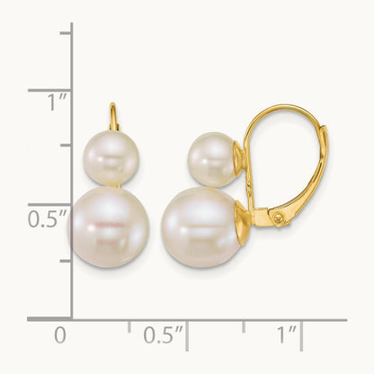 6- Round White Freshwater Cultured 2 Pearl Earrings, 9mm, 14K