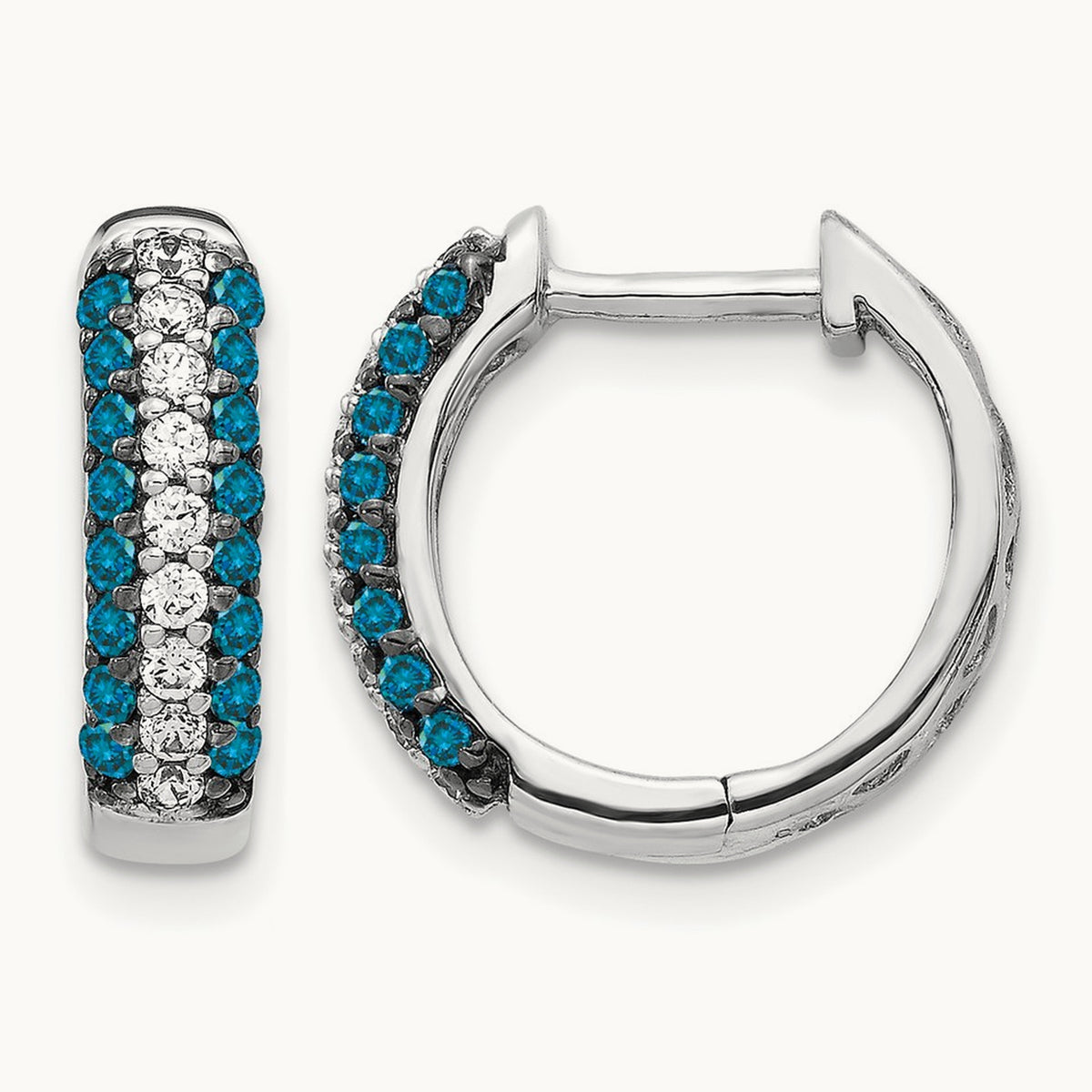 White and Blue Diamond Hinged Hoop Earrings, 14K White Gold